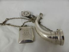 A Chatelaine Belt Clip and chains with solid silver vinagarette in the form of a hunting horn having