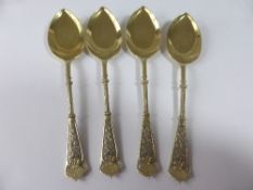 Four Victorian Gilded Solid Silver Tea Spoons, Birmingham hallmark, dated 1884/1885.