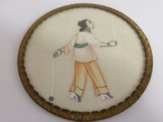 Miniature Chinese paintings on silk, depicting musicians and a juggler.