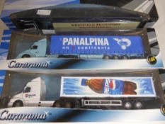 Five Cararama die cast metal model trucks being three AG Volvo curtainsiders and two other AG