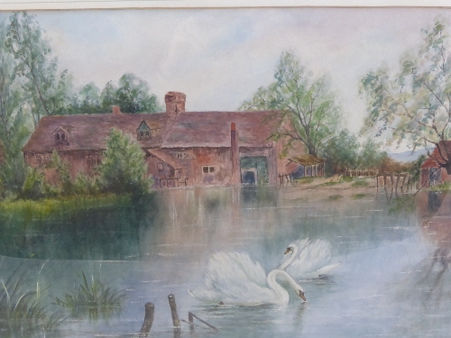 Artist Unknown, English School, watercolour on paper, depicting a Mill House with swans on the