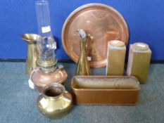 Miscellaneous Copper and Brass including a copper oil lamp inscribed English Manufacture, Lampe