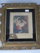 F Fawcatt - Intaglio on glass depicting a young lady fixing her hair, approx. 15 x 18 cms. in a gilt