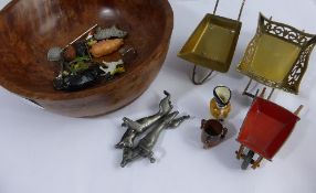 Maple Wood Bowl containing miscellaneous items including 18th Century knife rests, lead farm animals