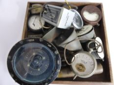 Collection of miscellaneous scientific equipment including Ampmeters, Brass Funnel together with