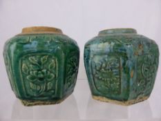 Two Antique Oriental Style Green Glaze Terracotta Hexagonal Pots, with floral design.