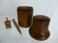 Treen Lidded Jar with another glass jar within it, treen needle case and one other. (3)