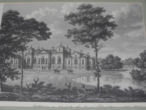 Six black and white etching prints depicting stately homes incl. Wentworth Castle, the seat of Mrs