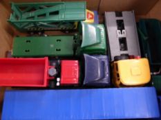 Seven model trucks including Knights of Old curtainsider, car transporter, skip lorry etc.