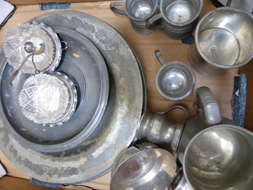 Collection of misc. pewter and silver plate incl. four pewter plates, one stamped S S, dish with