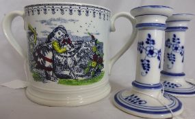 Wade Pottery Cider Mug 1/500 together with two blue and white candlestick holders. (3)