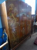 Decorative Double Wardrobe, hand painted with Oriental scenes including Geisha and Fishermen, the