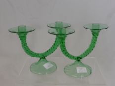 Four Green Art Deco Candlesticks each being two branch, one is in pieces.