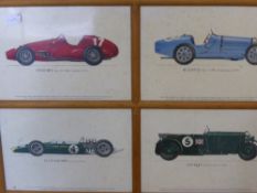 Three framed and glazed motoring items - one containing 1955 Ferrari Tipo, 1967 Lotus-Ford, 1931