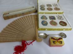 Collection of Oriental Items including two boxes of enamel plaques depicting birds in original
