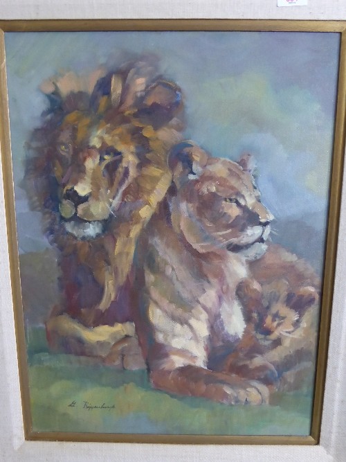 Geraldine Riffenburg Original Oil on Canvas entitled `Jungle Family`, 45 x 60 cms, presented in a