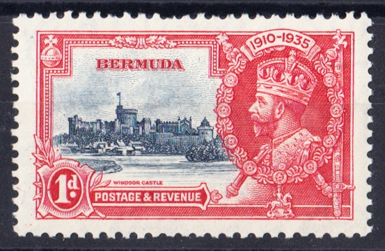 1935 Silver Jubilee 1d deep blue & scarlet with "Bird" by turret var. U/M, short perfs at top,