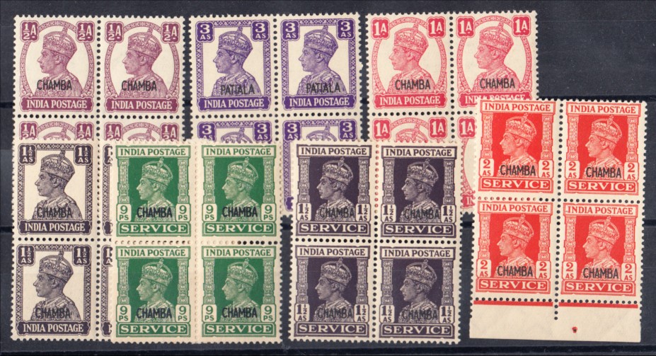 Chamba: George VI U/M blocks of 4. Cat £148 (28)