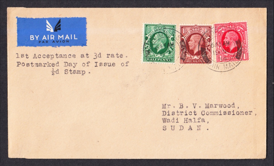 1934 (Nov 19th) First Day of 3d Air Mail Letter Rate to Sudan: Cover bearing ½d, 1d & 1½d