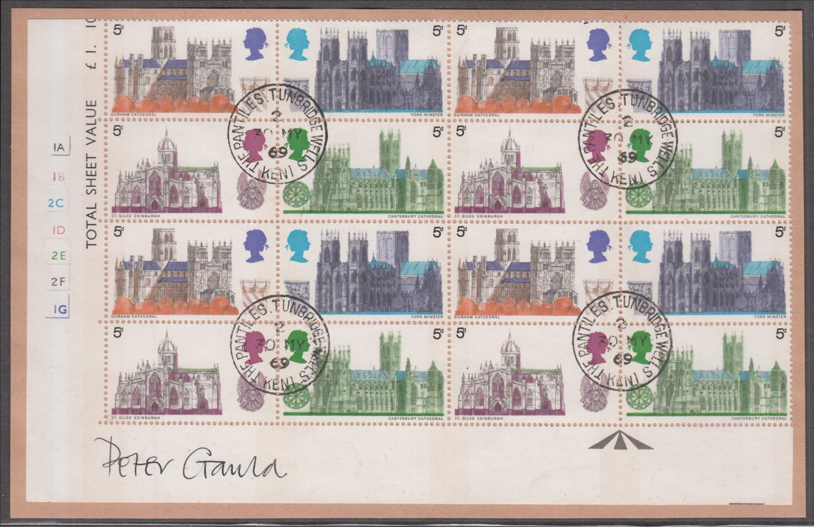 1969 Cathedrals: 5d cyl block of 16, 9d & 1/6d cyl blocks of 9 both Mint & F/U on piece, maximum