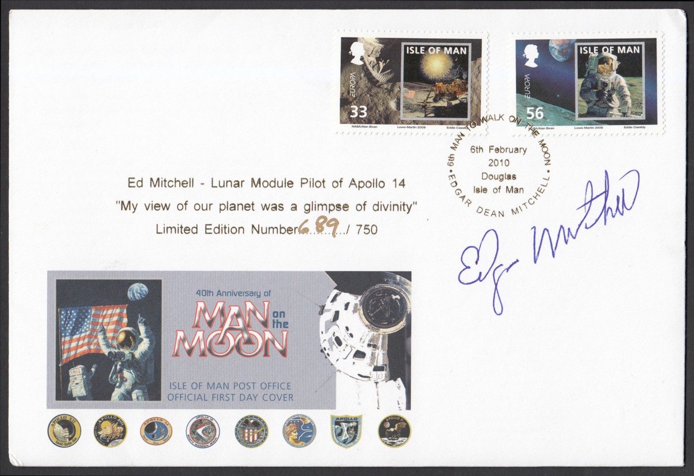 Astronaut Edgar Mitchell: Autographed on Isle of Man 2010 6th Man to walk on the Moon FDC.