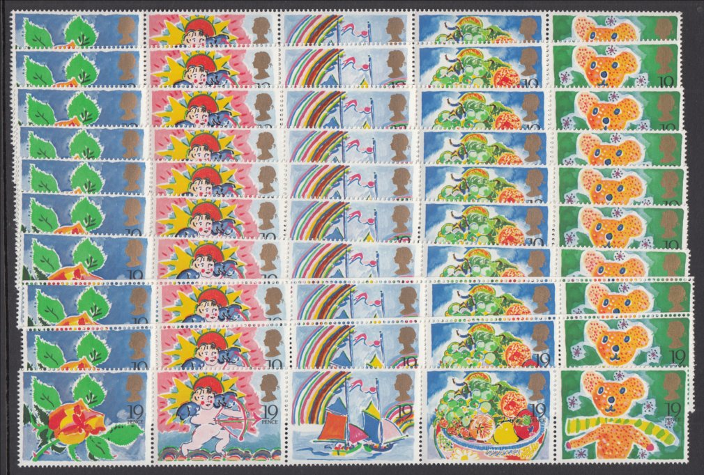 1989 Greetings se-tenant strips of 5 x 10 strips, all with excellent perfs. Cat £250 (50)