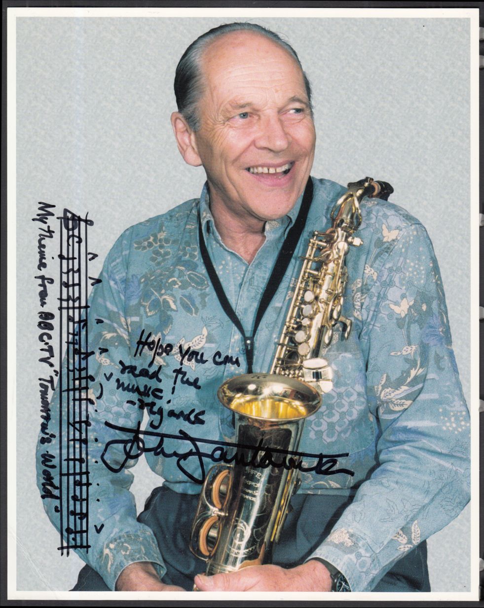 John Dankworth (1927-2010): Autographed musical quote on 10" x 8" colour photo. Crease in bottom