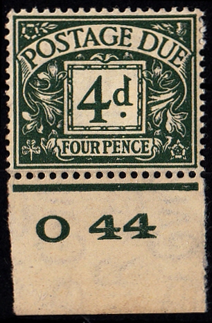 1937-38 4d dull grey-green with "O44" control, imperf margin, Mint, fine. Cat £250