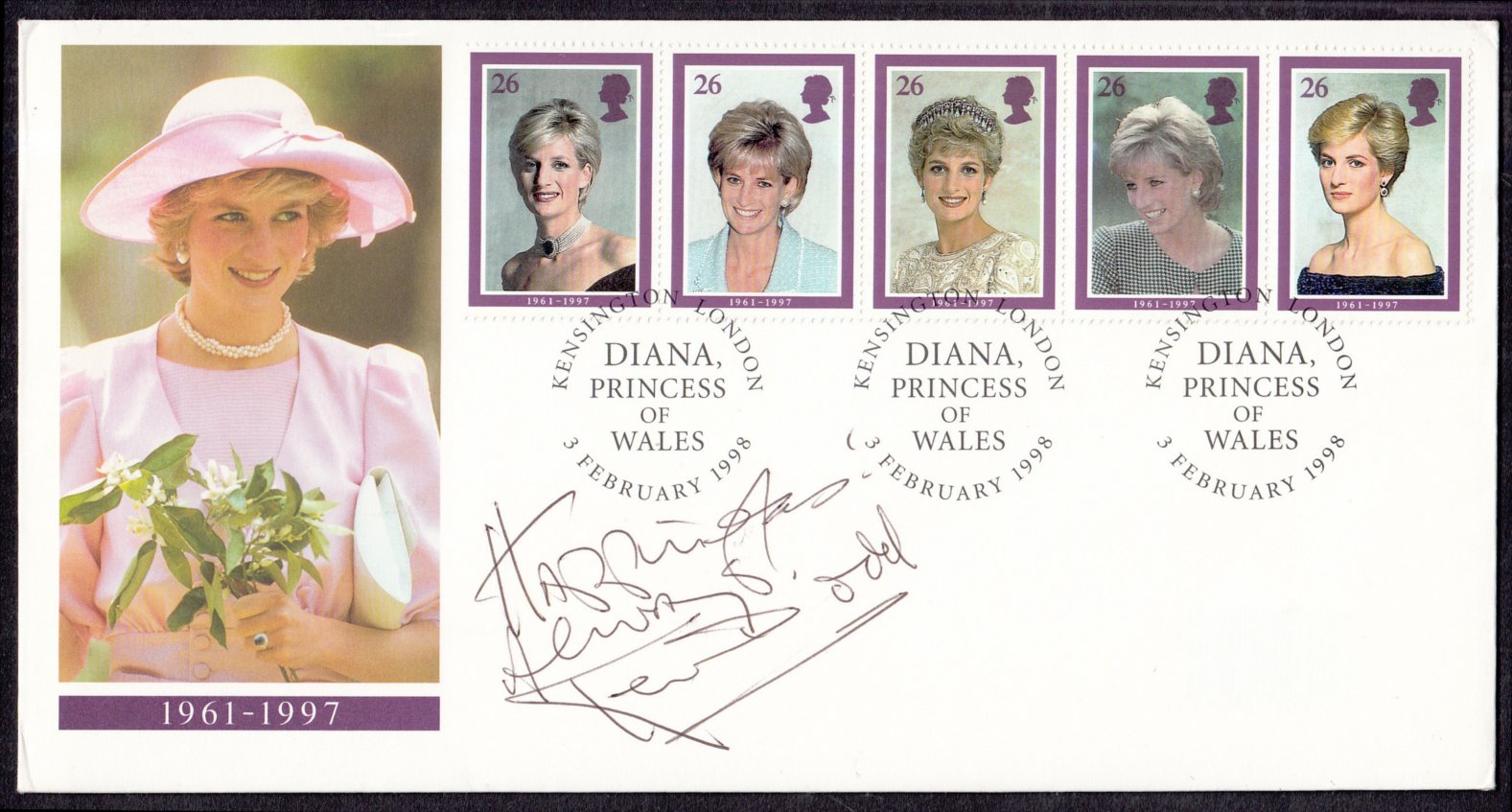 Ken Dodd: Autographed on 1998 Princess Diana Royal Mail FDC. Unaddressed, fine.