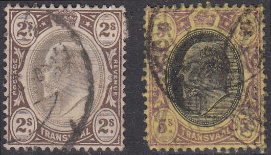 1902 wmk Crown CA 2/- black & brown & 5/- black & purple/yellow used, 5/- missing bottom left