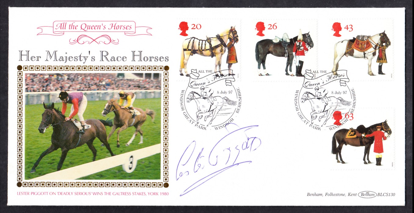 Lester Piggott: Autographed on 1997 Queen's Horses Benham BLCS FDC. Printed address, fine.