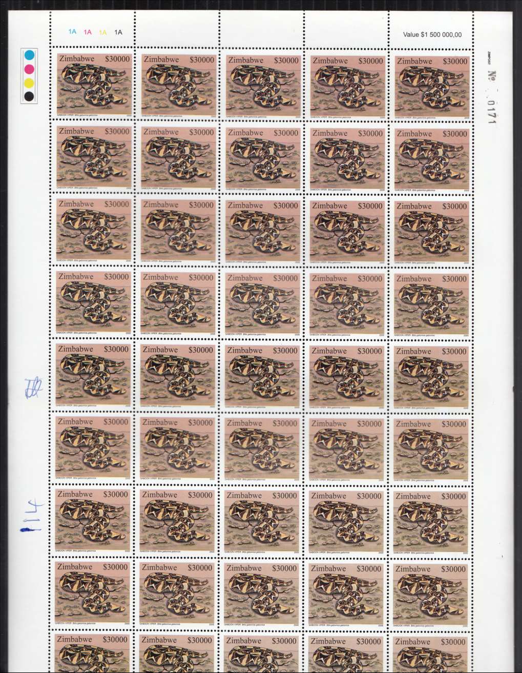 2005 Snakes of Zimbabwe $30,000 Gaboon Viper complete sheet of 50 x 100 sheets U/M, fine. SG 1164