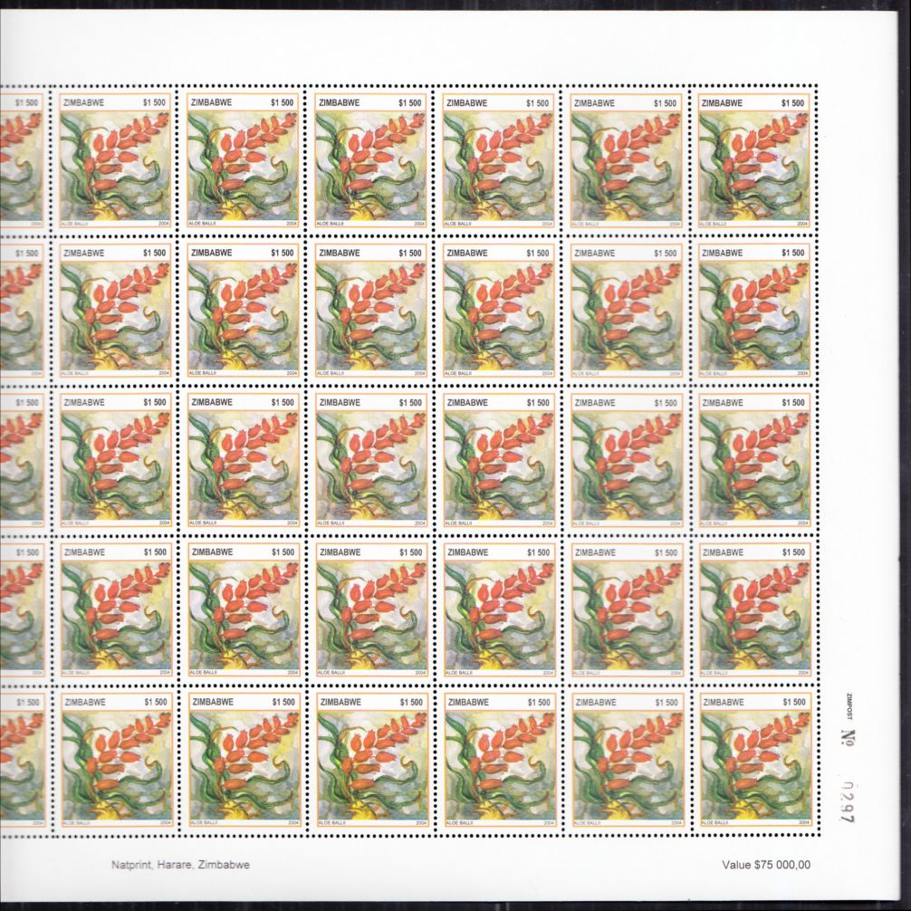 2004 Aloes $1500 complete sheet of 50 x 100 sheets U/M, fine. SG 1132 unpriced (5000)