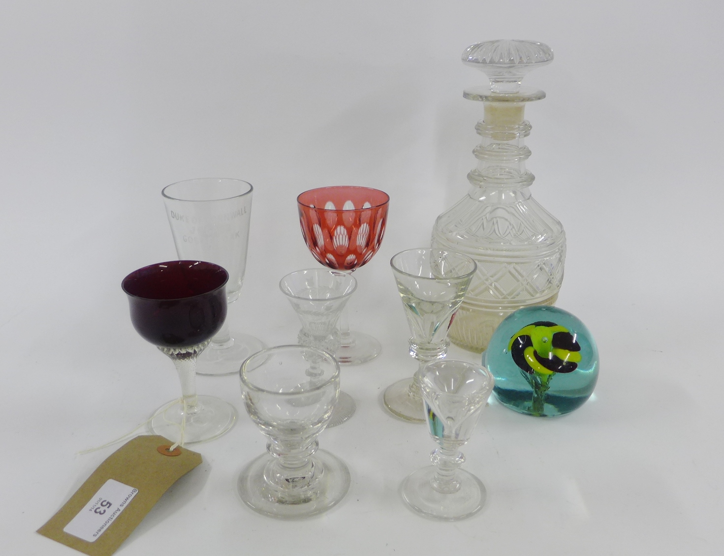 A collection of 19th century and later drinking glasses to include Penny Licks, etched glass and