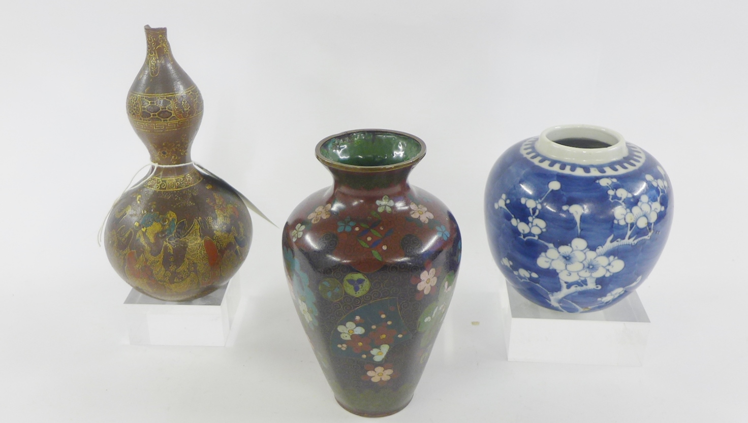 Cloisonne baluster vase, prunus jar and a Japanese double gourd stoneware vase decorated with