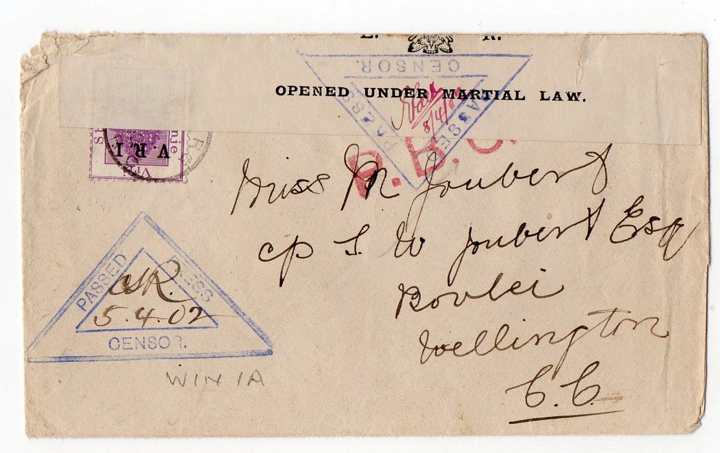 1902 cvr Winberg to Wellington with censor cachets WIN 1A ( with black initials) plus WEL 1 ( with