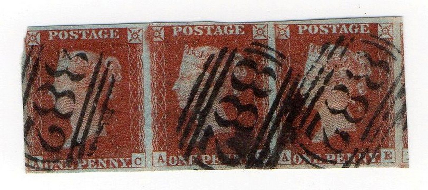 1841 1d red plt 26 strip 3, complete margins just nicked top left cnr re-entries AD-AE showing