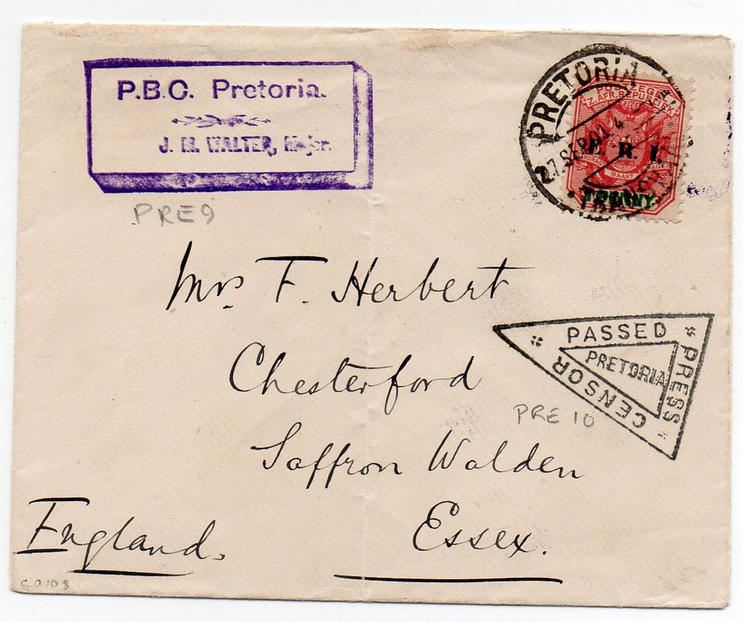 1901 cvr Pretoria to Saffron Walden, UK?Pretoria censor cachet PRE2 ( violet rectangle) Pretoria