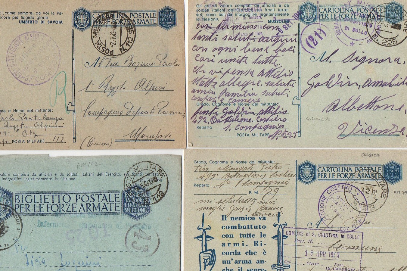 Italy WW2 ?Cartolins/Biglietto Postale Per Le Forze Armate? 7 cvrs and cards all sent from Corsica