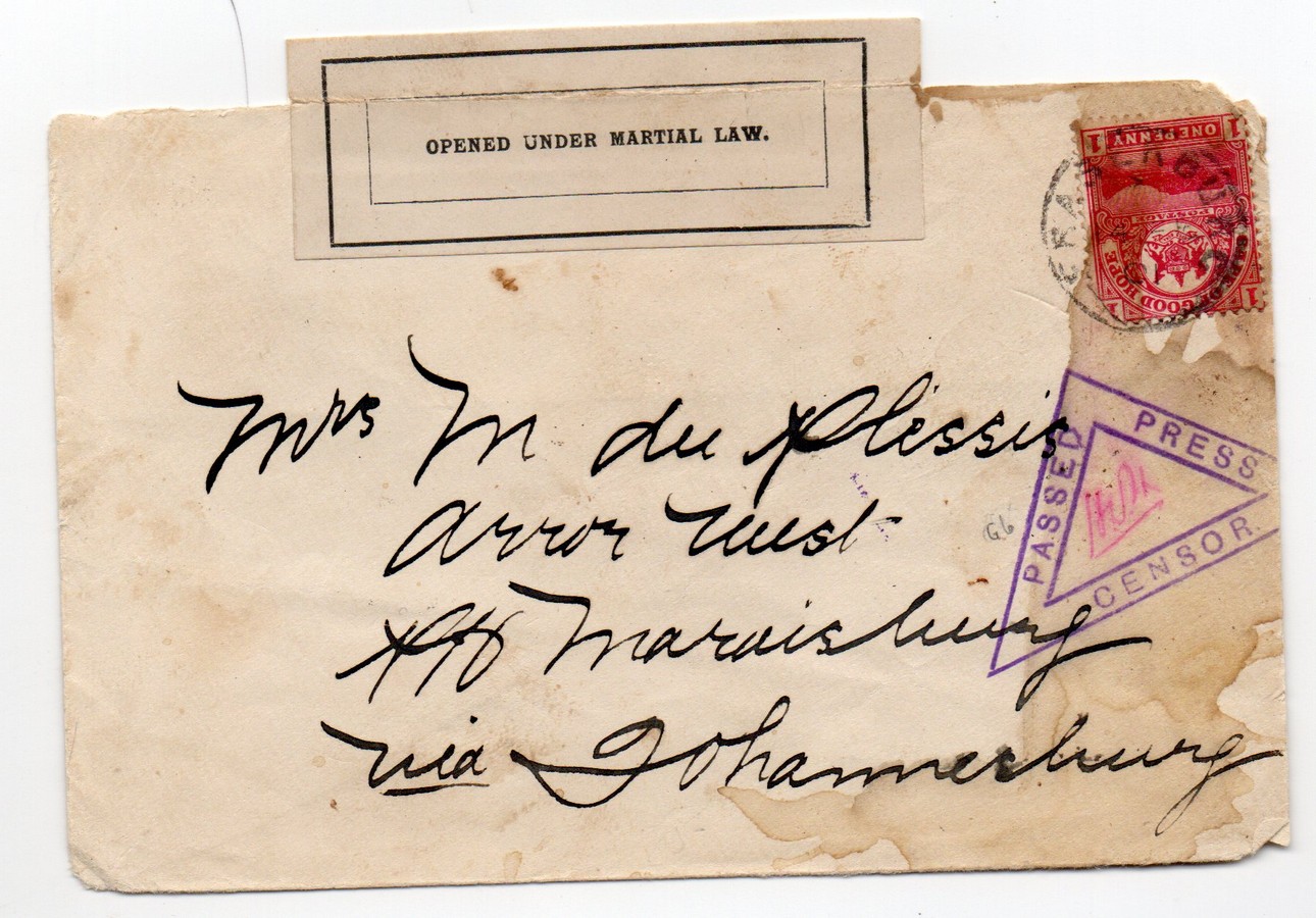 1901 cvr ( water stain on part) Fraserburg to Maraisburg with FRA1 censor cachet and censor seal