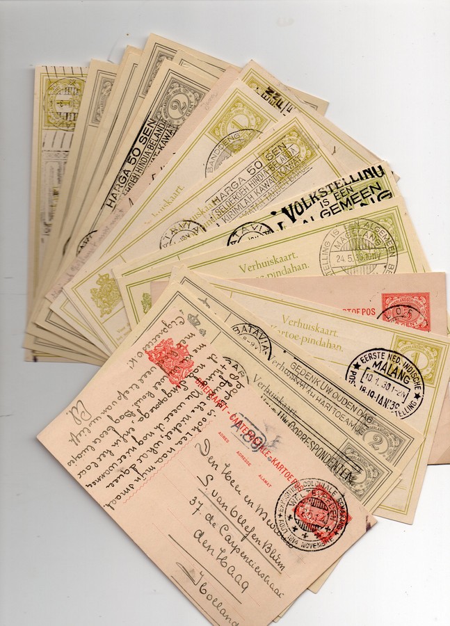 Dutch Indies Interesting group of used prestamped letter cards showing various cds cancels and
