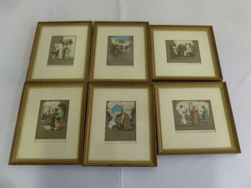 A set of six hand coloured etchings of figures in exotic settings