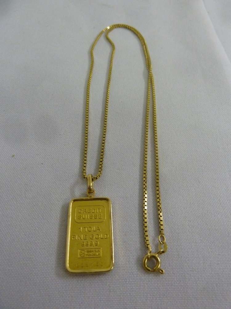 18ct yellow gold chain with Tola fine gold ingot pendant