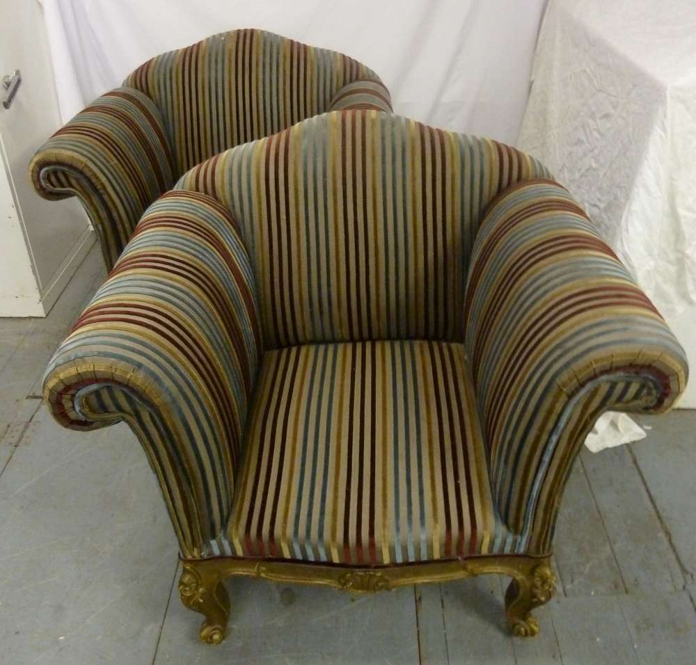 A pair of French upholstered armchairs with gilt wood frames - A/F