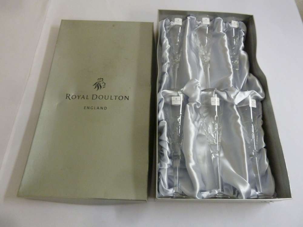 Royal Doulton six crystal champagne flutes in original packaging