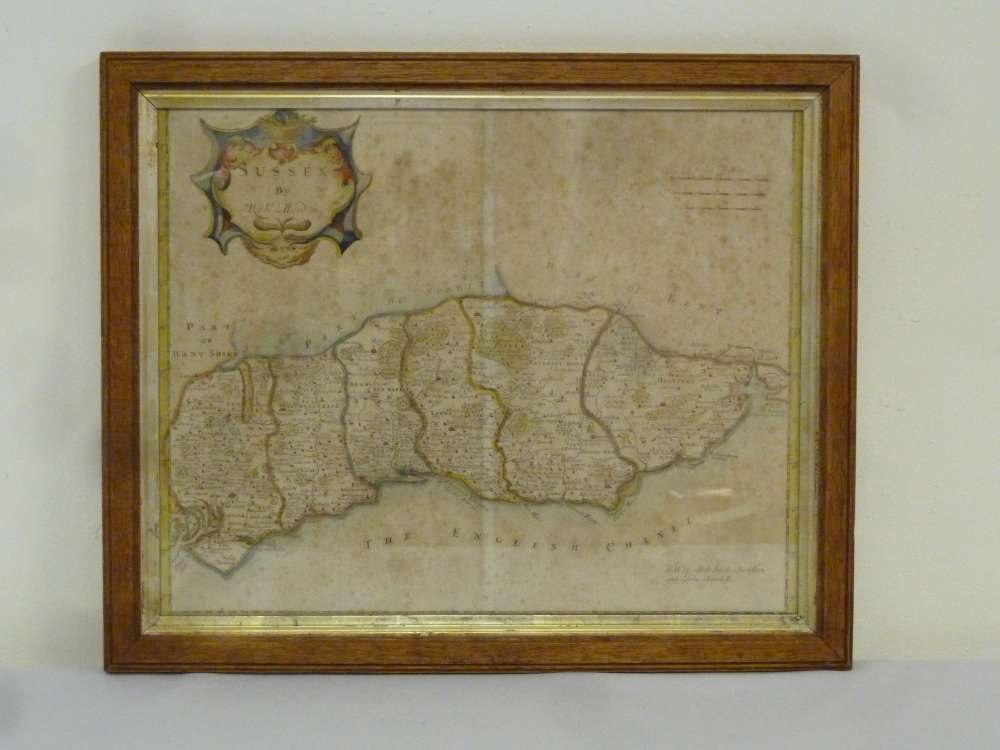 Robert Morden framed coloured map of Sussex - 31.5 x 40.5cm