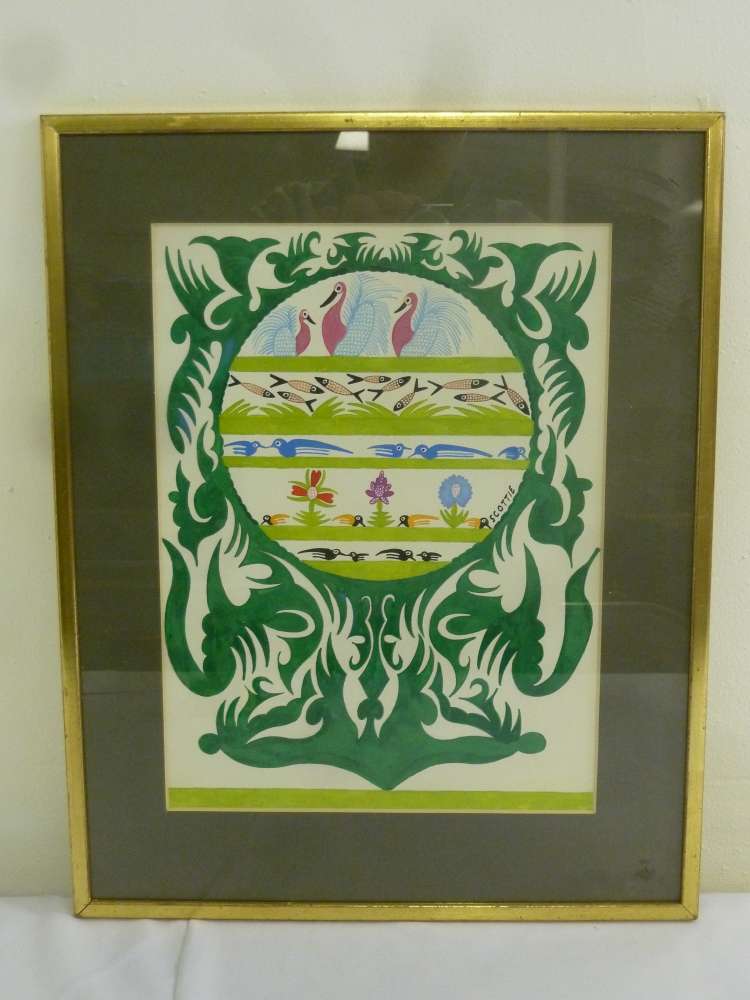 Scottie Wilson framed watercolour of stylised birds in a roundel - 32.5 x 24 cm