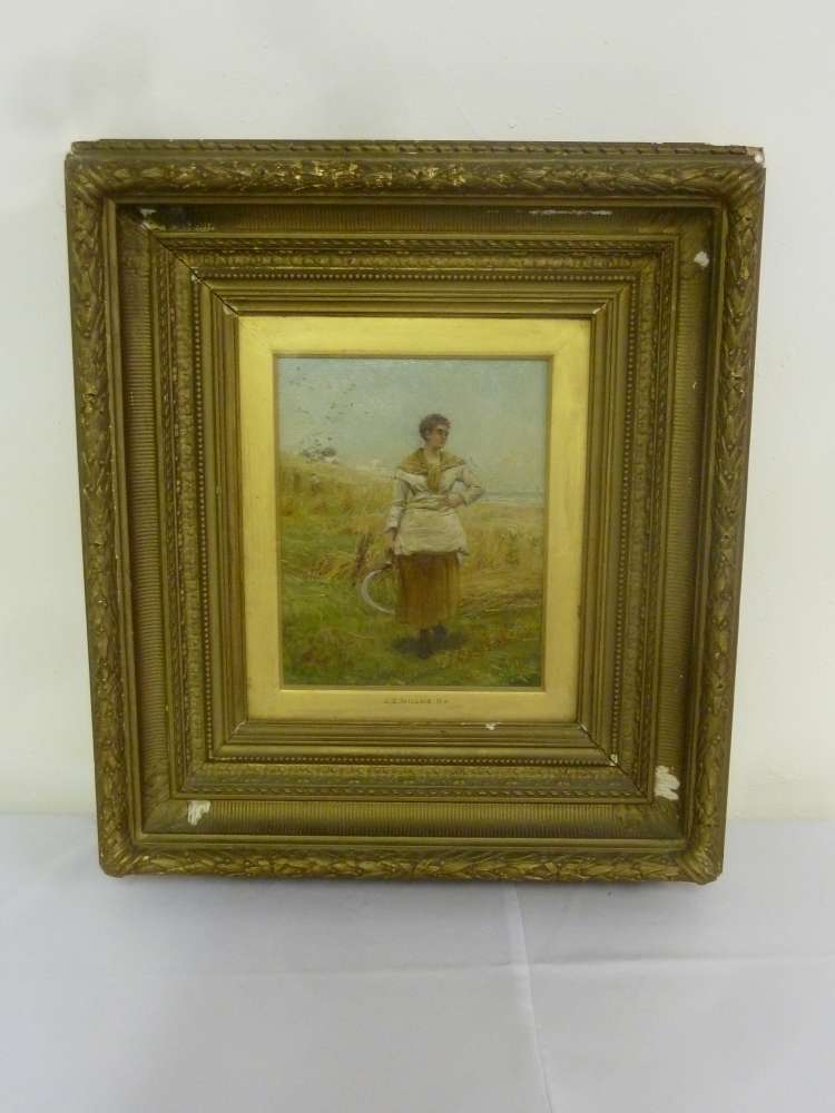 J. E Millais oil on canvas of a peasant lady in a field, monogrammed bottom left - 24 x 19.5cm