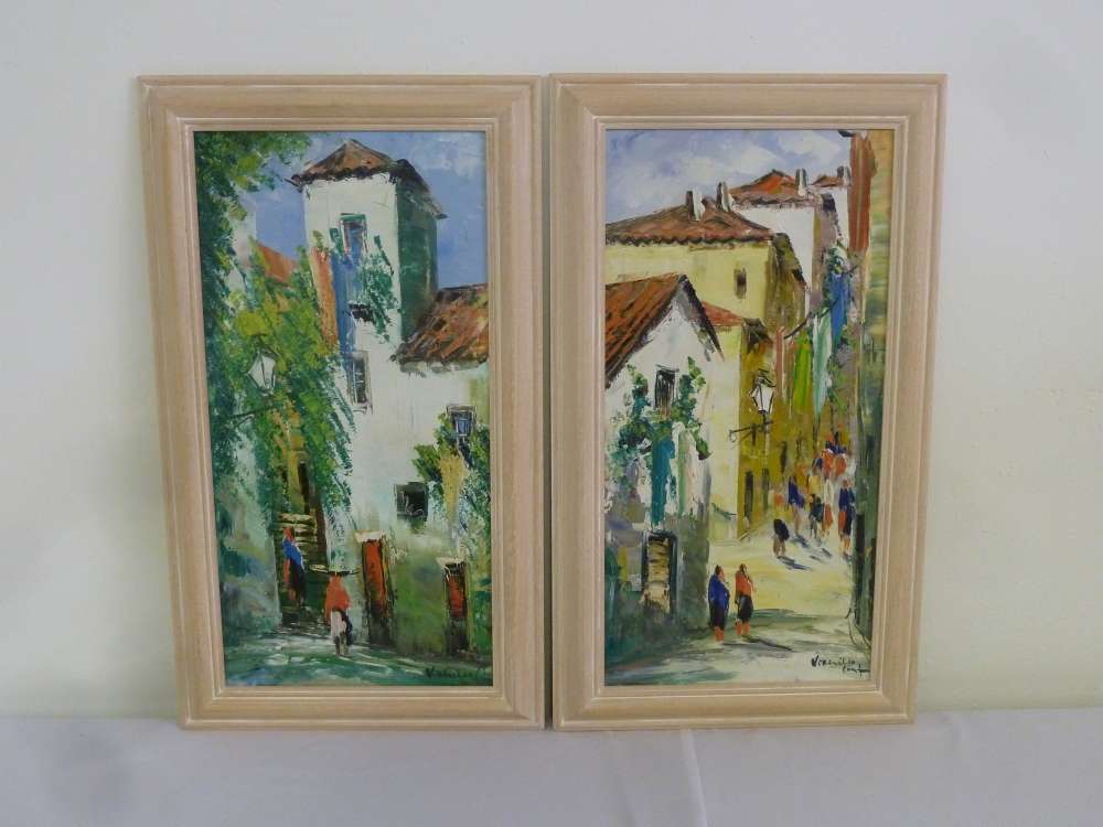 Pair of oils on canvas of Portuguese street scenes, signed bottom right Virgilio 49 x 24cm