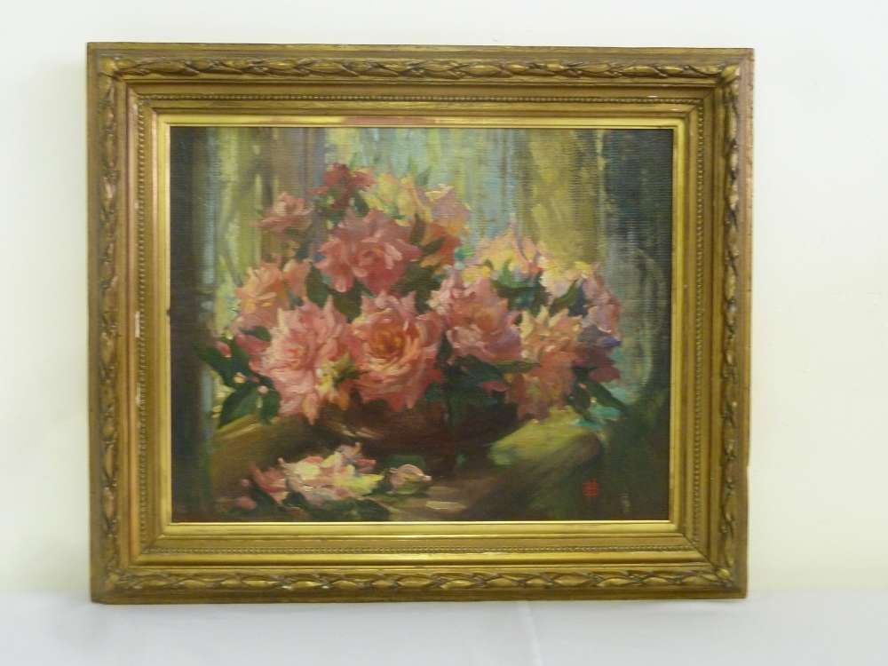 G. Baly Hayes oil on board still life of flowers, monogrammed bottom right in gilded frame - 38.5 x